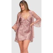 Nbb Kadın Vizon Dantelli Saten Gecelik Sabahlık Takımı Vizon