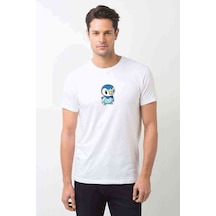 Pokemon Piplup Illüstrasyon Baskılı Beyaz Erkek Tshirt