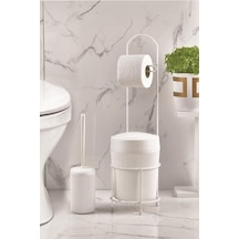 Metal Standlı Yuvarlak Kovalı &amp Kağıtlıklı &amp Fırçalıklı Beyaz Banyo Takımı
