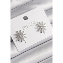 Pirinç Gümüş Renk Zirkon Taşlı Yıldız Model Kadın Küpe Çok Renkli