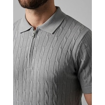 Erkek Yazlık Triko Saç Örgü Tişört Kısa Kol Polo Yaka Fermuarlı T-shirt - Gri