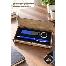 3 Adet Ahşap Kutulu Mavi Kalem Anahtarlık Seti Deri Ahşap Kutu, Dokunmatik Mavi Tükenmez Kalem, Deri Metal Anahtarlık, Promosyon Gift Keychain Pen