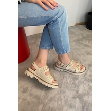 Asmi Shoes Kadın Simya Krem Çift Bantlı Kapsül Detaylı Kalın Taban Ortopedik Sandalet Krem Krem