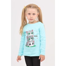 Toontoy Kız Çocuk Üçlü Kedi Baskılı Sweatshirt Turkuaz