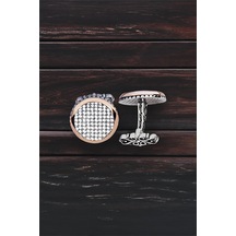 Gümüş Beyaz Zirkon Taşlı Yuvarlak Kol Düğmesi -5773 Gümüş