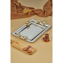 Dikdörtgen 2'li Paslanmaz Çelik Metal Tepsi Seti, 41 X 55 Cm, Gri