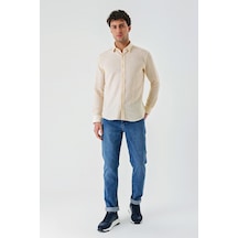 İmza Hardal Uzun Kollu Çizgili Biritli Yaka Pamuklu Likralı Casual Slim Fit Dar Kesim Gömlek 1004240233-hardal Hardal