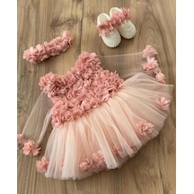Hayy Baby Kids Wear Pudra Şifon Çiçekli Tütü Elbise