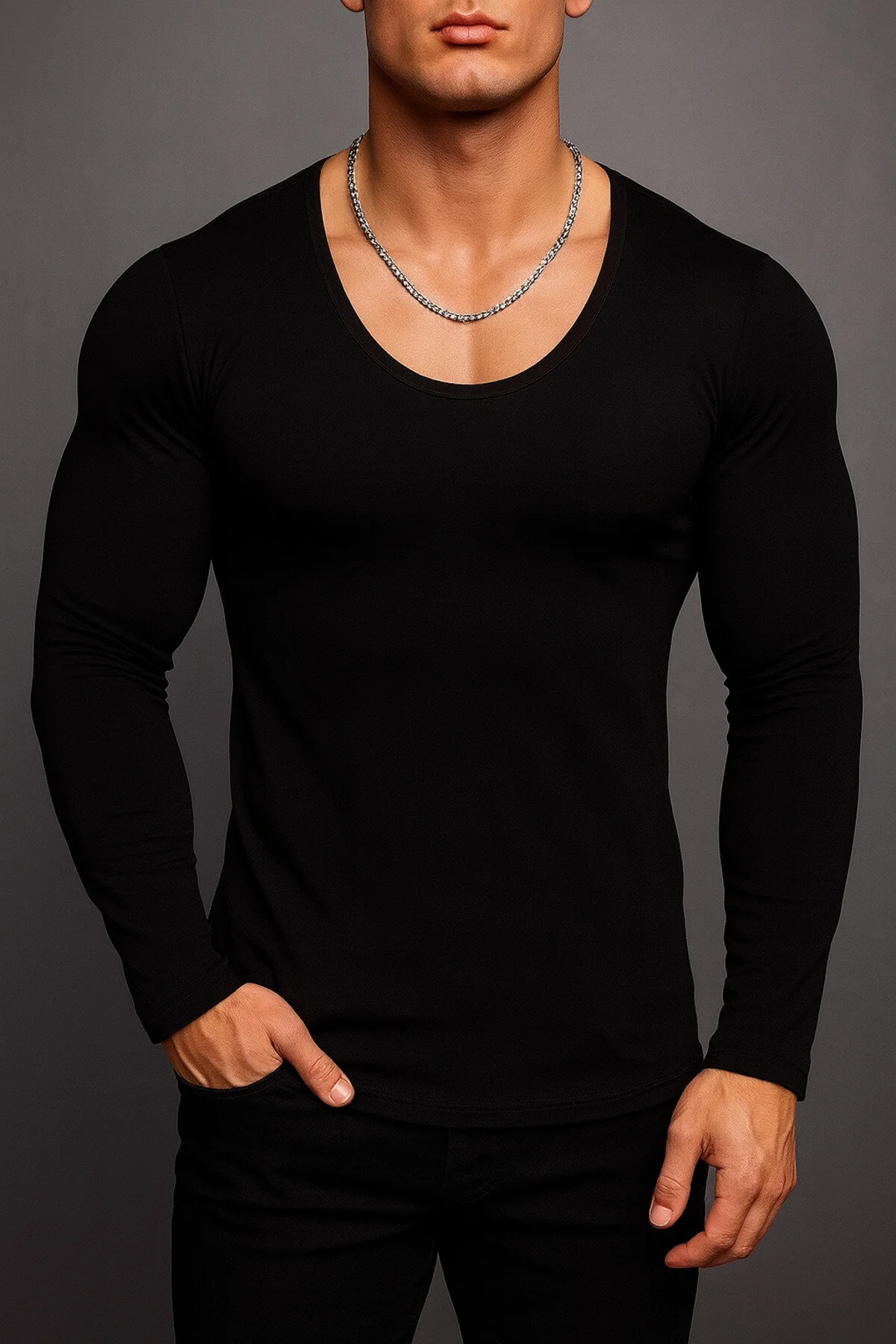 Erkek Uzun Kollu Oval Yaka Tişört Açık Yaka Likralı Slim Fit T-shirt Siyah Siyah