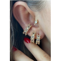 Pinery Jewels Vıp Seri Sıralı Baget Kare Taşlı Halka Gold Küpe Altın