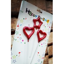 Red Heart Candle 2 Adet Metalik Kırmızı Kalpli Pasta Mumu 1 Adet Yıldız Mum Kalpli Doğum Günü Mumu