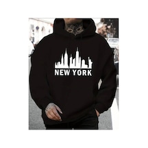 Herkesemoda New York Yazı Detaylı İçi Polarlı Kapüşonlu Sweatshirt Siyah