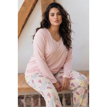 Siyah İnci Desenli Düğmeli Büyük Beden Battal Boy Viskon Örme Pijama Takım 26224803 Somon