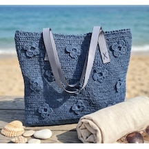 Myballistore Kağıt İpten El Örgüsü Mavi Çiçekli Çanta