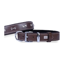 Doggie Konforlu Deri El Yapımı Kemik Süslü Köpek Boyun Tasması 2.5 x 37-45 CM Kahverengi