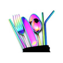 Novahub Çok Renkli Taşınabilir Paslanmaz Çelik 8 Adet/takım Gökkuşağı Yemek Takımı Seti 18/10 Kaşık Ç Saman Çatal Bıçak Kaşık Tk. 56512831 Çok Renkli Çok Renkli