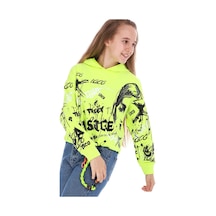 Kız Çocuk Loco Yazılı Resim Desenli Crop Model Kapüşonlu Neon Sarı Renk Sweatshirt Sarı