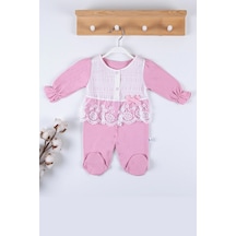 Veraura Lifestyle Gofralı Fransız Güpürlü % 100 Pamuk Kız Bebek Tulumu Pembe