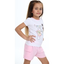 Toontoy Kids Toontoy Kız Çocuk 2'li Takım Baskılı Bisiklet Yaka T-shirt & Beli Lastikli Tek Cepli Şort Pembe
