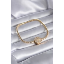 Gold Renk Zirkon Taşlı Yonca Charm Model Pirinç Kadın Bileklik Çok Renkli