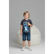 Erkek Çocuk Baskılı Pamuklu T-shirt Ve Cepli Likralı Kot Şortlu 2'li Takım Füme