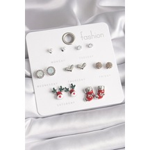 Pirinç Gümüş Renk 7 Çift Zirkon Taşlı Yıl Başı Temalı Kadın Küpe Seti Çok Renkli