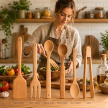 6 Parça Mutfak Spatula Ve Kaşık Seti Doğal Ahşap Çizilmez Yapışmaz Tencereye Uyumlu Kaşıklık Hediyeli