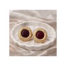 Lunarie Vintage Burgu Çerçeve Renkli Taşlı Düğme Küpe Bordo
