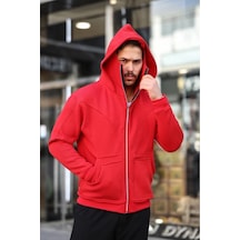 Erkek Maskeli Ninja Model Çift Kapüşonlu 3 İplik Şardonlu Fermuarlı Sweatshirt - Kırmızı