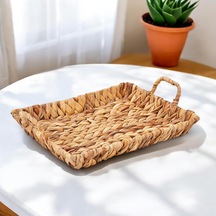 El Yapımı Su Sümbülü Hasır Kulplu Dekoratif Tepsi Büyük Boy 32cm 25cm 4cm