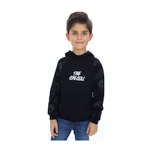 Toontoy Kids Toontoy Erkek Çocuk Relax Fit Kapüşonlu Cepli Reglan Kol Baskılı Sweatshirt - 2 İplik Siyah
