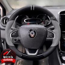 Renault Clio 4 Dikme Direksiyon Kılıfı Delikli Deri Parlak Siyah Gri Detay Çift Yüzük Ve Dikiş 2012-2019