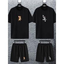 Unisex Kadın Erkek Sevimli Tom Ve Jerry Baskılı Sevgili Çift Kombini Tasarım Oversize Tshirt Ve Şort Siyah Mck2453 Siyah