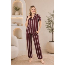 Wordex Mirano 4868 Dijital Baskı Kumaş Düğmeli Kısa Kolu Çizgili Kadın Pijama Takımı Kahverengi