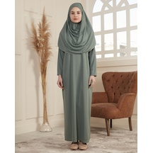 Kol Detaylı Namaz Elbisesi Tek Parça Kendiliğinden Başörtülü Mint Yeşili