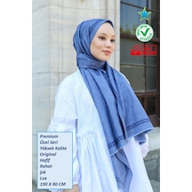 Premium Lux Original Monogram Şal İpek Vual, Yüksek Kalite, Hafif, Rahat, Şık, Tesettür, Shawl Mavi - Siyah