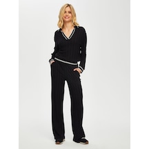 Faik Sönmez Relax Çizgili Ribana Detaylı Wide Leg Örme Pantolon 69500 U6950010 Siyah
