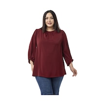 Disentis Modest Büyük Beden Yuvarlak Yaka Truvakar Büzgülü Kollu Rahat Kesim Bordo Bluz Bordo