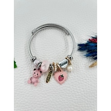Bhs Life Kadın Charm Ayıcık & Kalp Çelik Bileklik Pembe Renk Pembe