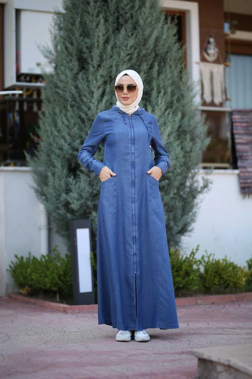 6463-denim Kapşonlu Ferace Koyu Mavi Koyu Mavi