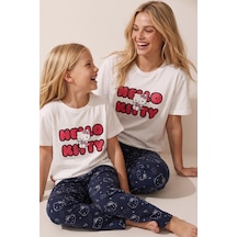 Siyah İnci Hello Kitty Lisanslı %100 Pembe Çok Renkli Bisklet Yaka Pijama Takım 26120461 Ekru
