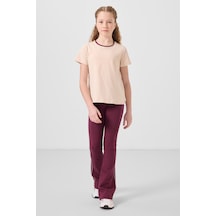 Tommylife Bej-bordo Pamuklu O Yaka Standart Fit Basic İspanyol Paça Kız Çocuk Tayt Takım - 75192 Bej
