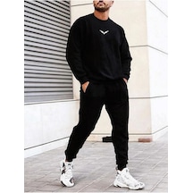 Wings Eşofman Takımı Sweatshirt Jogger - Siyah Baskılı Oversize Şardonlu Bisiklet Yaka Siyah