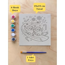 Tuval Boyama Aktivite Seti Sevimli Penguenler Baskılı 19x19 Cm Tuval, Fırça Ve 6 Renk Akrilik Boya Seti