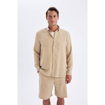 DeFacto Relax Fit Polo Yaka Kısa Kollu Keten Karışımlı Pamuklu Uzun Kollu Gömlek C1106AX24SMBG732
