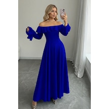 Defymoda Kadın Modern Kesim Fırfır Detaylı Elbise Mavi