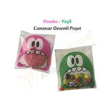 100 Adet Pembe-yeşil Renkli Canavar Desenli Cake Pop & Kurabiye Poşeti-10x15 Cm