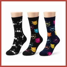 Bezos Unisex Kedi Desenli Çorap 3'lü Set Pamuklu Renkli Uzun Soket Dikişsiz Nefes Alan Rahat Günlük Çorap Erdotıca Çok  Renkli