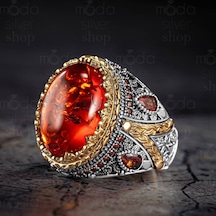 Modasilvers 925 Ayar Gümüş Oval Sıkma Kehribar Taşlı Erkek Yüzük Gümüş