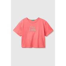 United Colors Of Benetton Kız Çocuk Mercan Ön Ve Arka Baskı Detaylı Boncuk İşlemeli Geniş Yaka T-shirt 6-14 Yaş -2861 Pembe